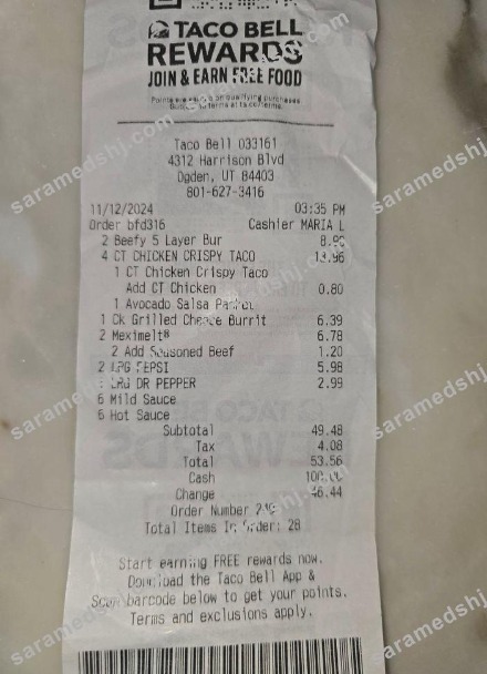 Taco Bell Rewards payment receipt